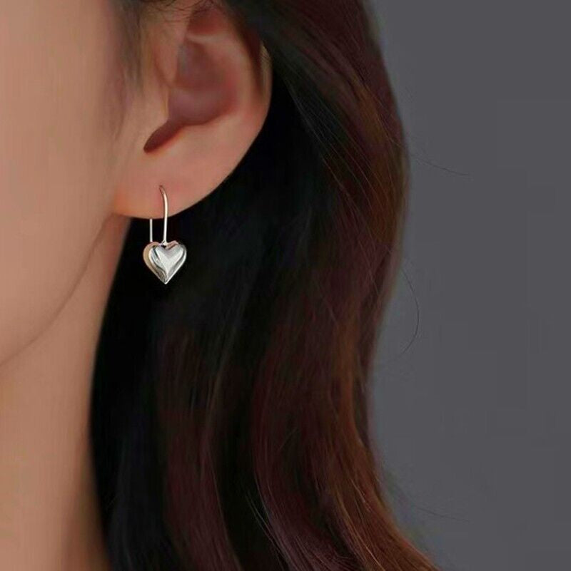 925 Sterling Silver Love Heart Drop Hoop Earrings Women Girls Jewellery Gift UK
