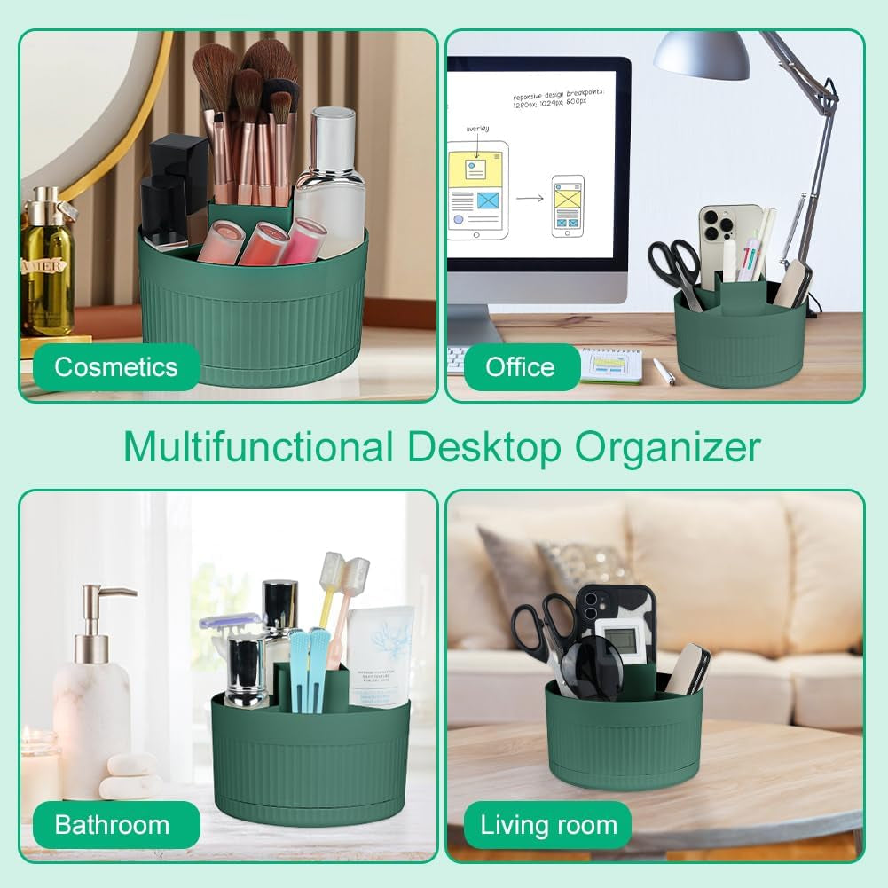360° Rotating Makeup Brush Organiser, 5-Compartment Dustproof & Waterproof Cosmetic Storage for Bathroom & Dressing Table, Green