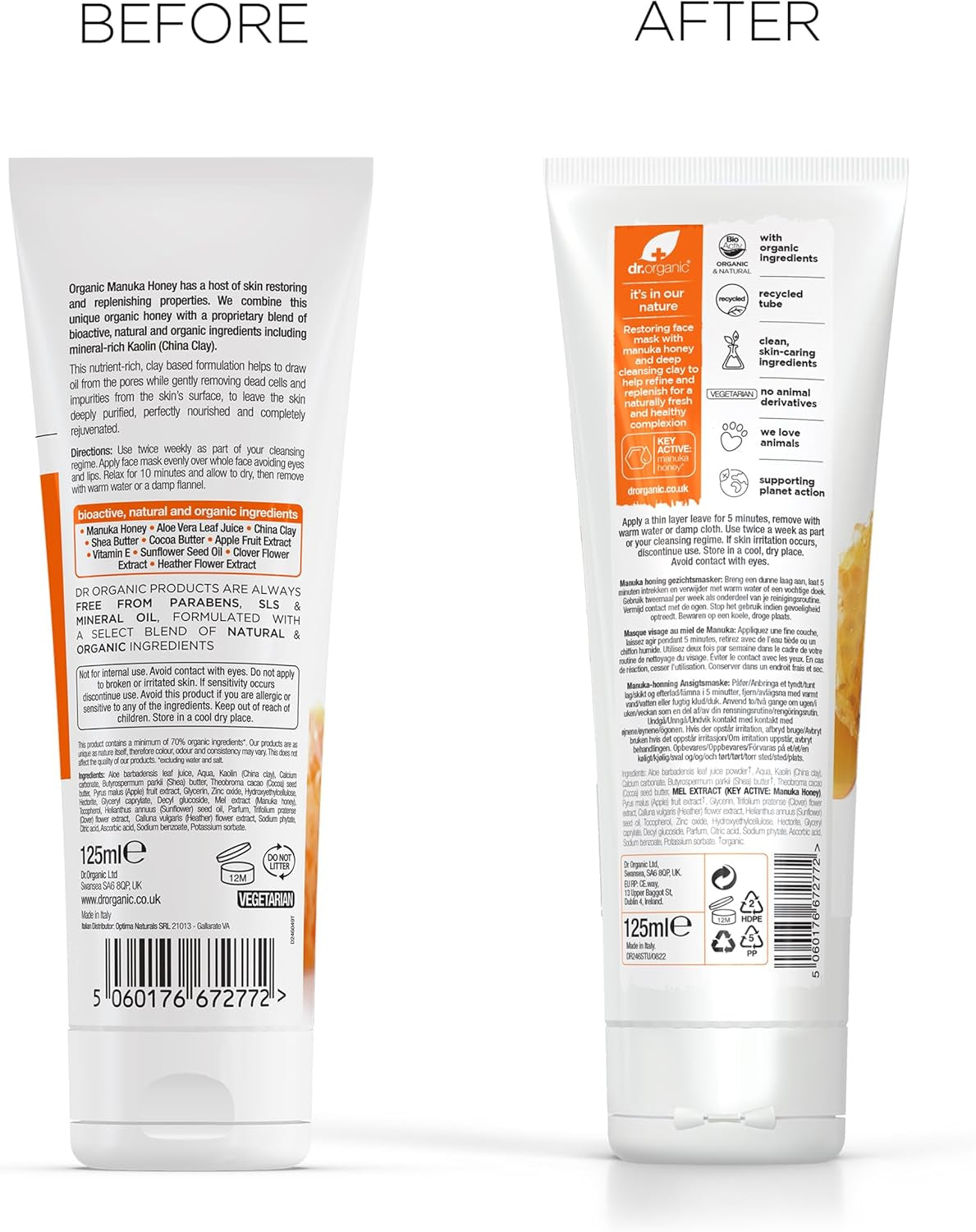 Manuka Honey Face Mask, Nourising, Dry Skin, Mens, Womens, Natural, Vegetarian, Cruelty-Free, Paraben & Sls-Free, Recycled & Recyclable, Organic, 125Ml, Packaging May Vary
