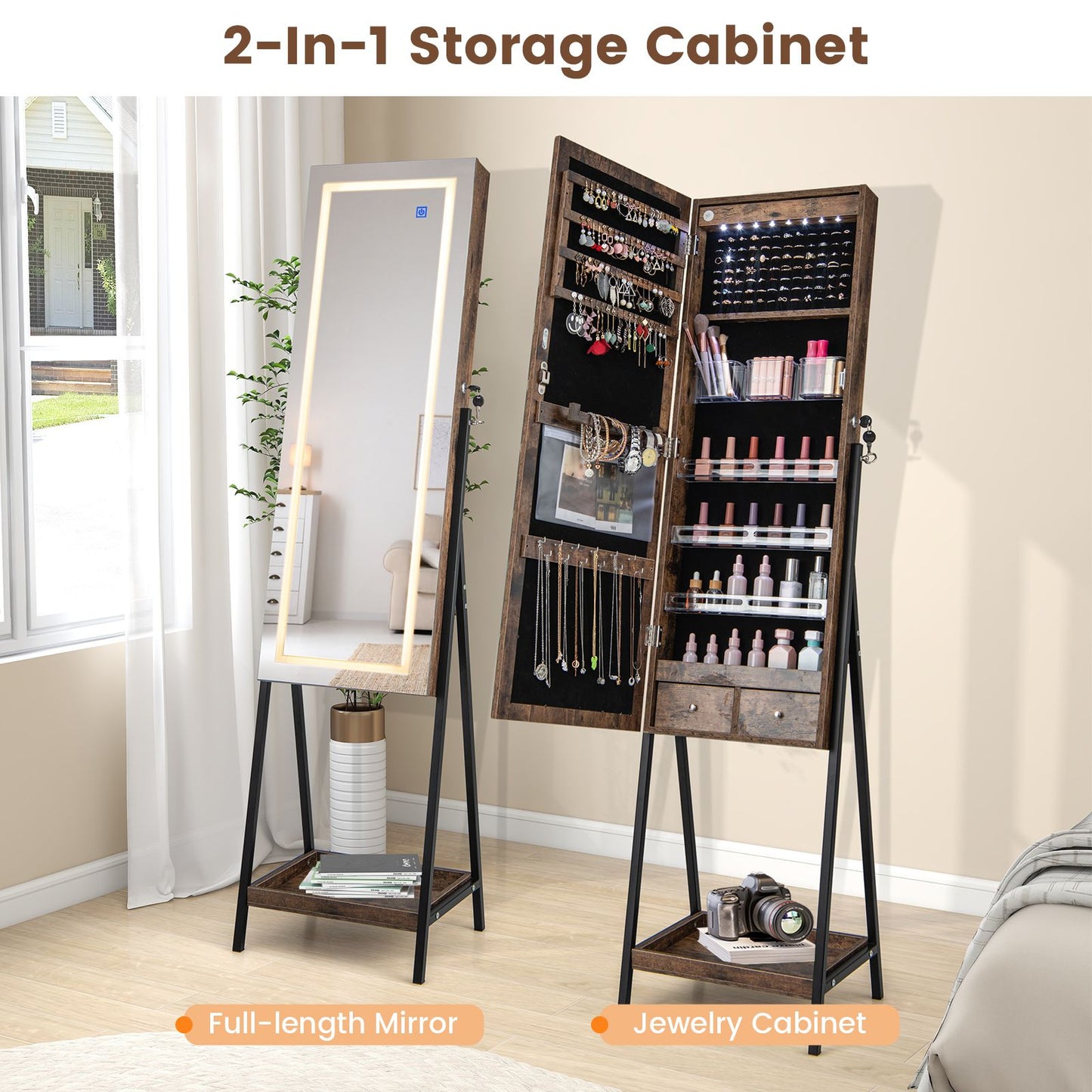 LED Standing Jewelry Mirror Cabinet with 3-Color Lighted Full-Length Mirror