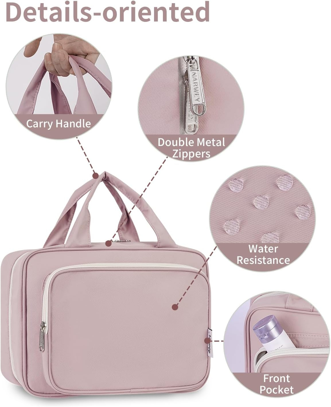 Hanging Travel Toiletry Bag for Women Wash Bag Cosmetics Makeup Bag Organizer for Travel Size Accessories (Dusty Rose (Medium))