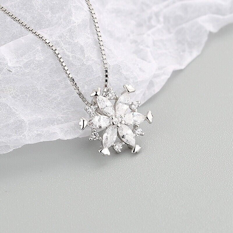 Crystal Snowflake Pendant Necklace 925 Sterling Silver Women Girls Jewellery UK