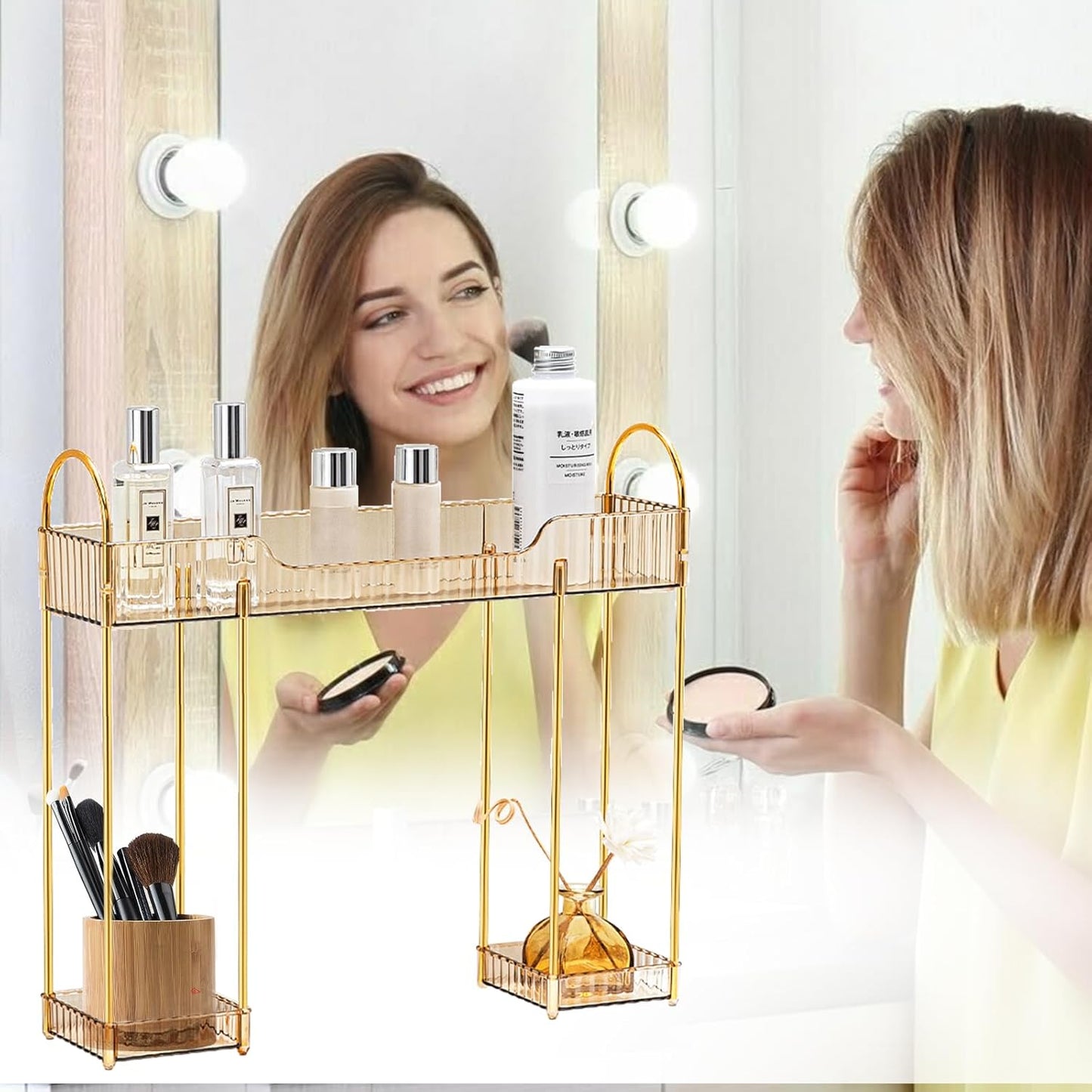 Bathroom Counter Organiser Skincare Makeup Storage,Bathroom Sink Shelf Organise on Faucet for Toiletry Countertop Dresser Toothbrush Holder,Make up Transparent Vanity Tray for Perfume Skincare