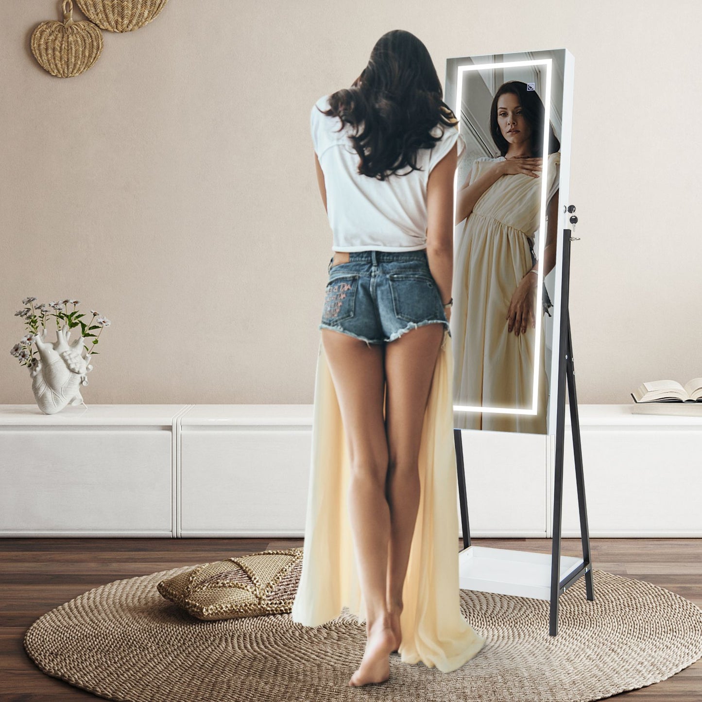 LED Standing Jewelry Mirror Cabinet with 3-Color Lighted Full-Length Mirror