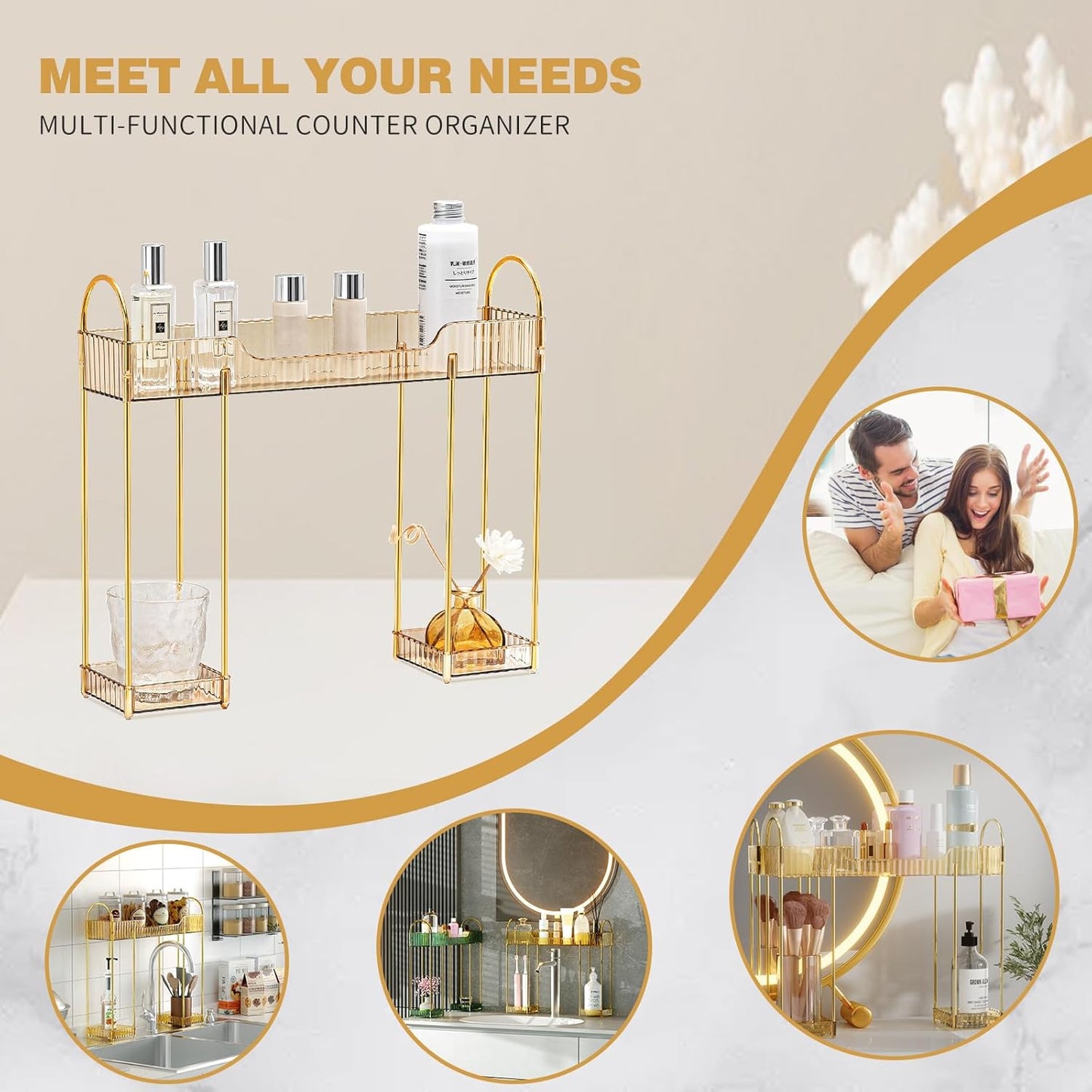 Bathroom Counter Organiser Skincare Makeup Storage,Bathroom Sink Shelf Organise on Faucet for Toiletry Countertop Dresser Toothbrush Holder,Make up Transparent Vanity Tray for Perfume Skincare