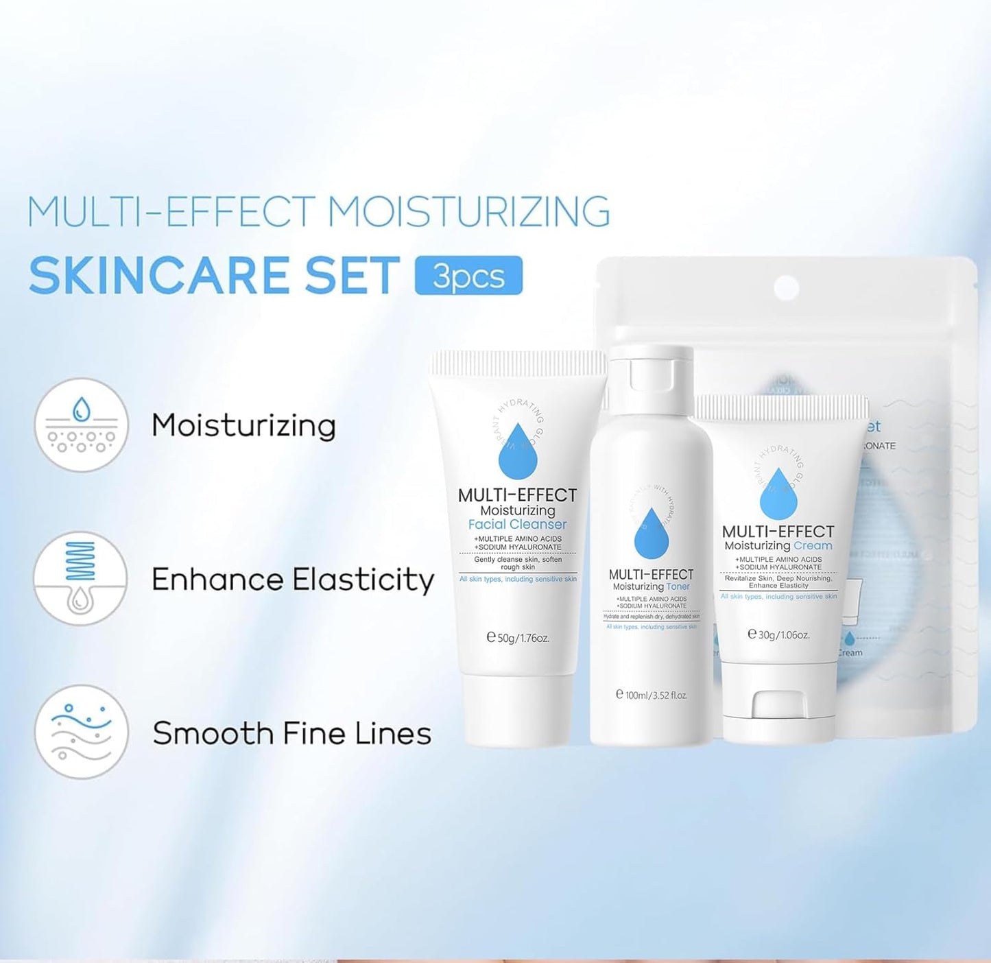 Hyaluronic Acid Skincare Set, Multi-Effect Moisturizing Skin Care Sets & Kits, Amino Acids Women Beauty Gift Sets, Skin Care for Teenage Girls with Cleanser, Toner, Cream, Anti-Wrinkle and Oil Control