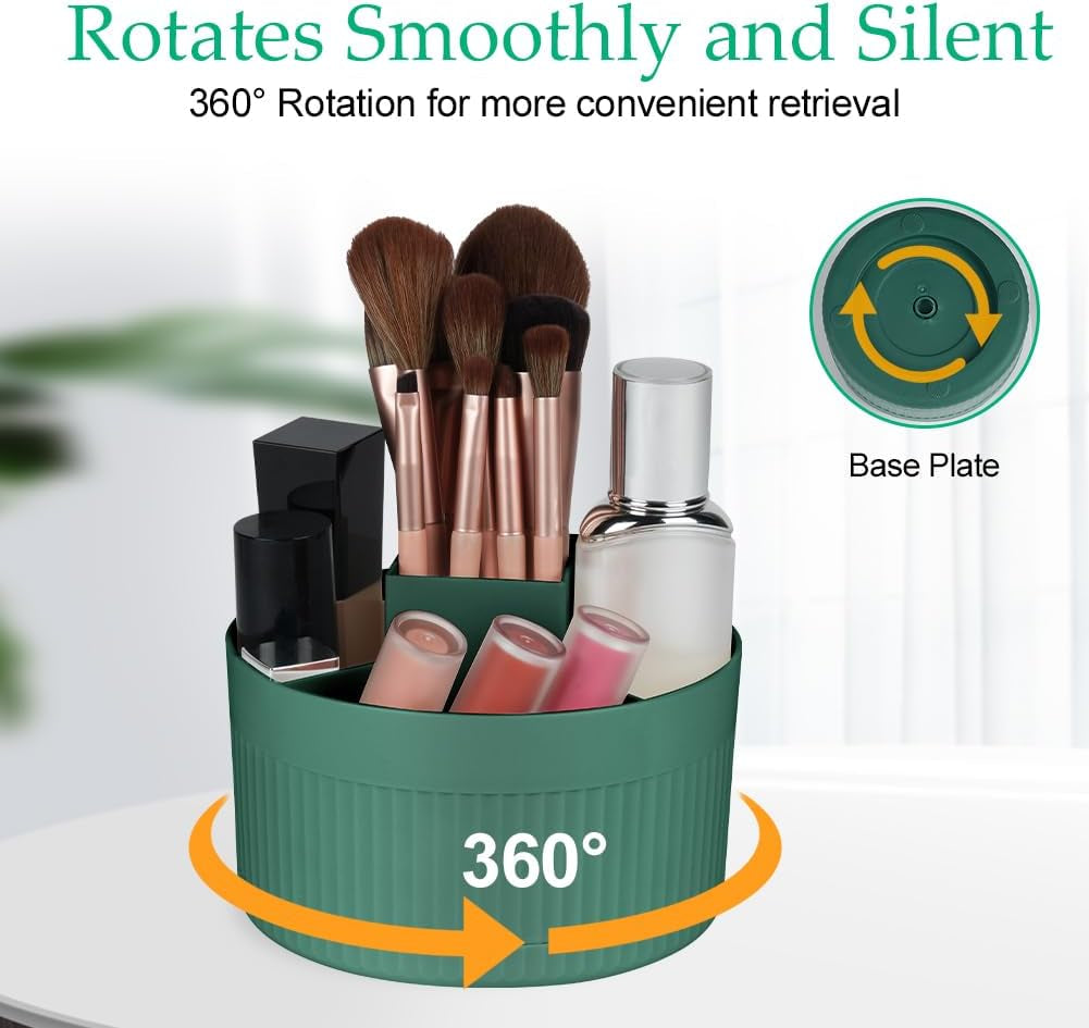 360° Rotating Makeup Brush Organiser, 5-Compartment Dustproof & Waterproof Cosmetic Storage for Bathroom & Dressing Table, Green