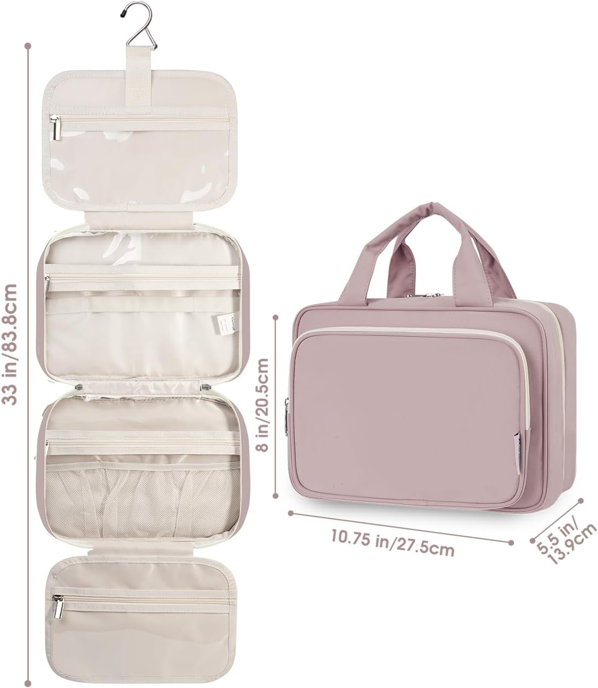 Hanging Travel Toiletry Bag for Women Wash Bag Cosmetics Makeup Bag Organizer for Travel Size Accessories (Dusty Rose (Medium))