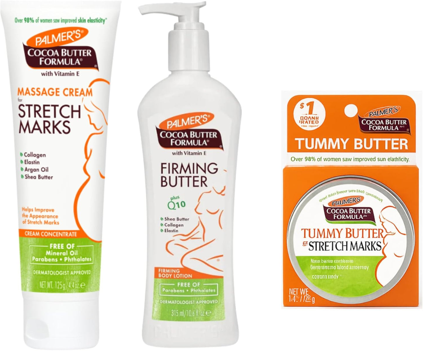 Palmers Stretch Mark Cream Bundle - Includes Cocoa Butter Stretch Mark Cream 125Ml, Tummy Butter for Stretch Marks 125Ml & Palmers Firming Body Lotion 315Ml by Palmers Cocoa Butter