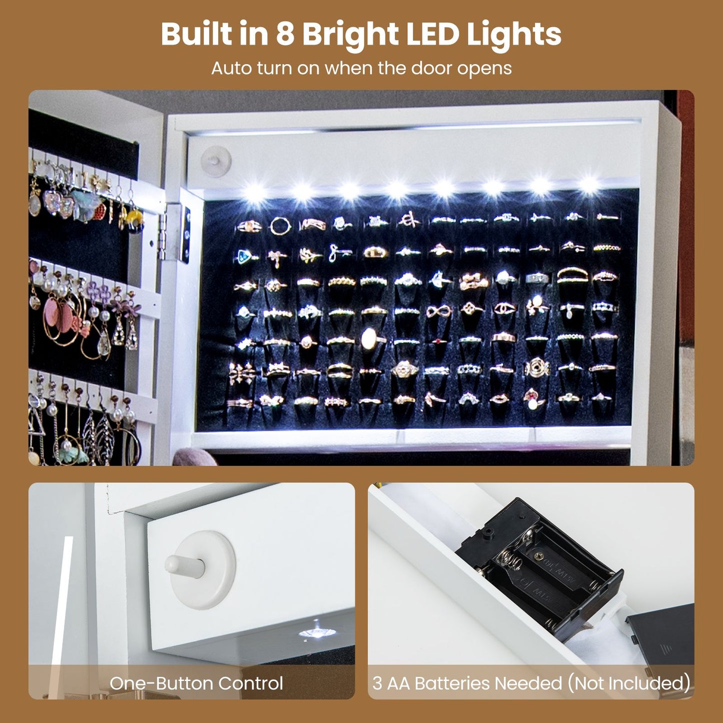 LED Standing Jewelry Mirror Cabinet with 3-Color Lighted Full-Length Mirror