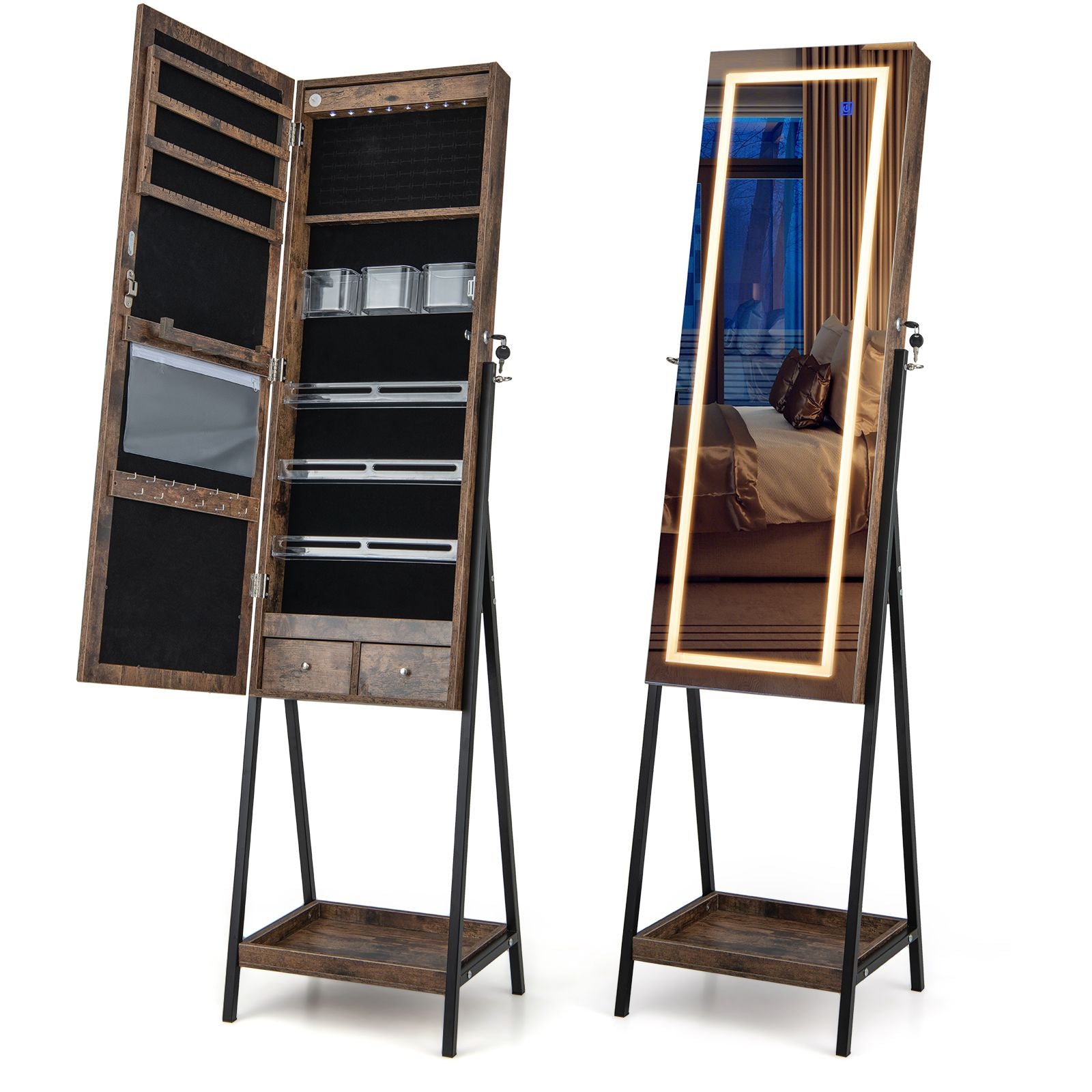 LED Standing Jewelry Mirror Cabinet with 3-Color Lighted Full-Length Mirror