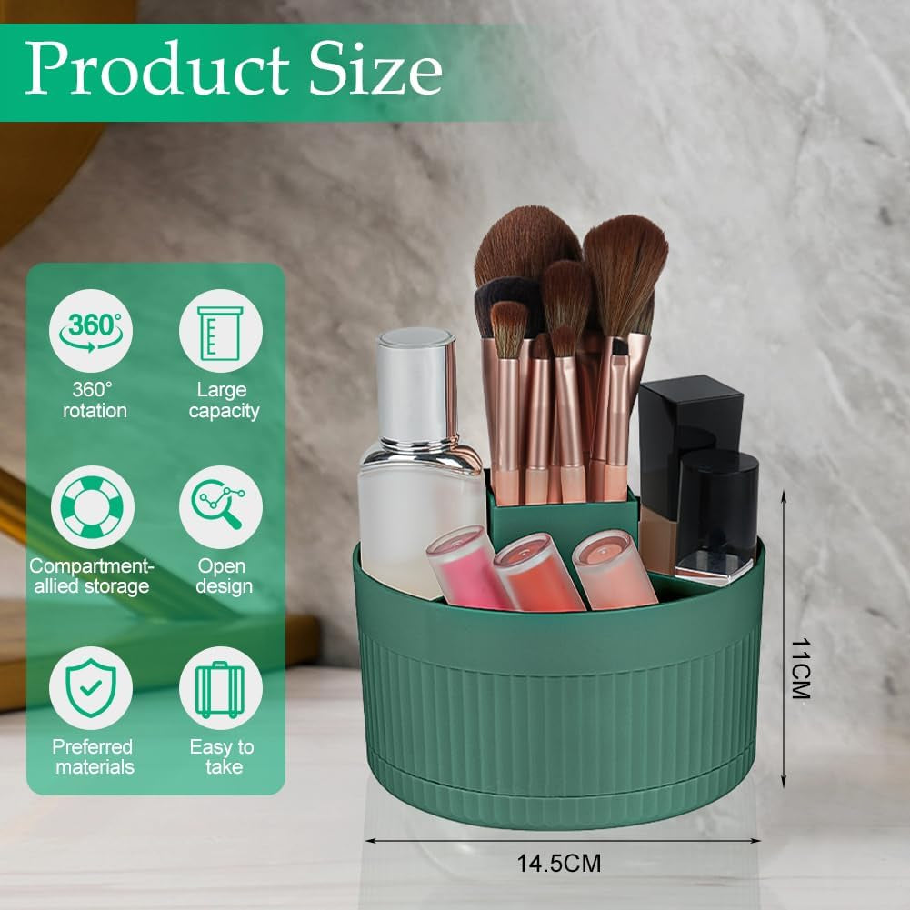 360° Rotating Makeup Brush Organiser, 5-Compartment Dustproof & Waterproof Cosmetic Storage for Bathroom & Dressing Table, Green