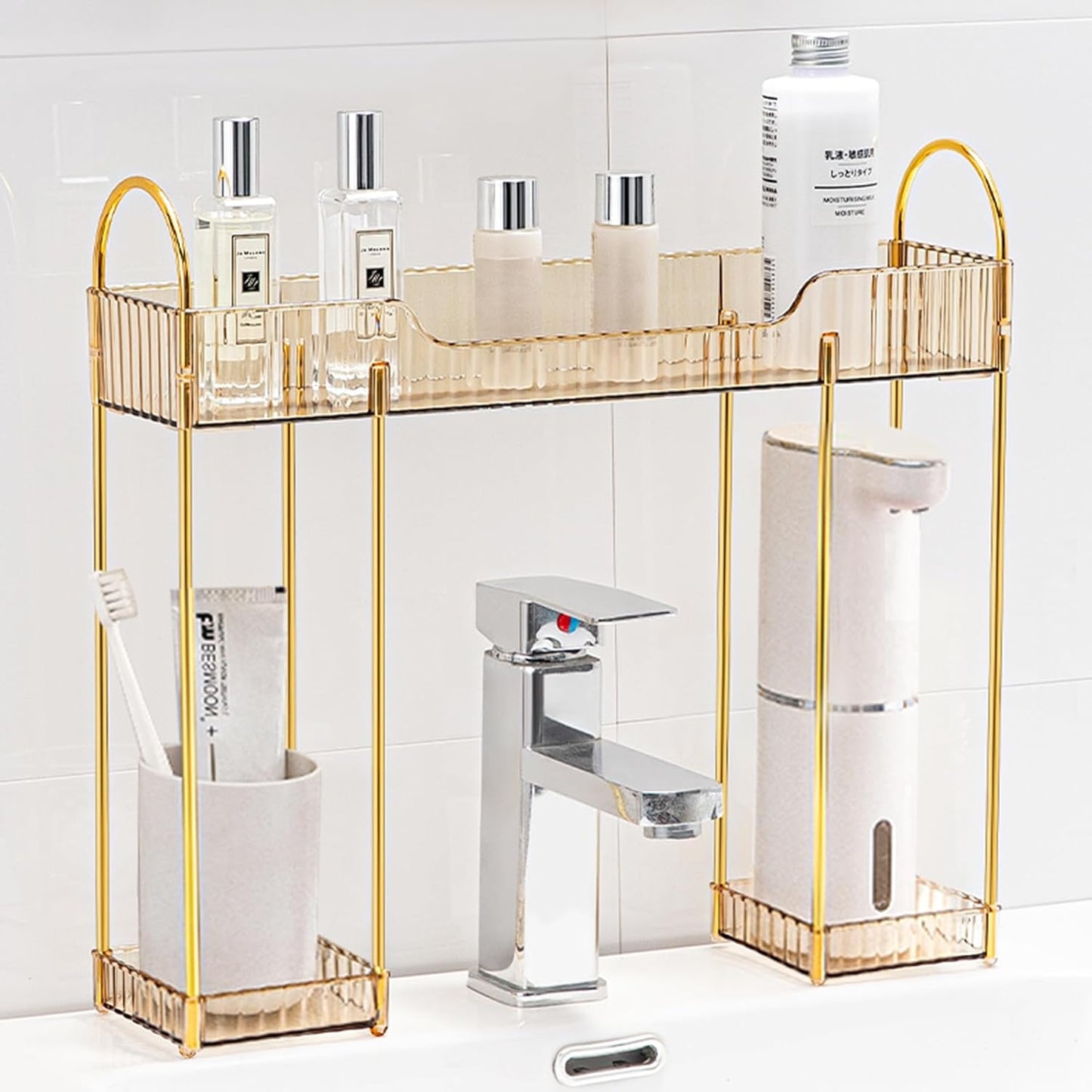 Bathroom Counter Organiser Skincare Makeup Storage,Bathroom Sink Shelf Organise on Faucet for Toiletry Countertop Dresser Toothbrush Holder,Make up Transparent Vanity Tray for Perfume Skincare