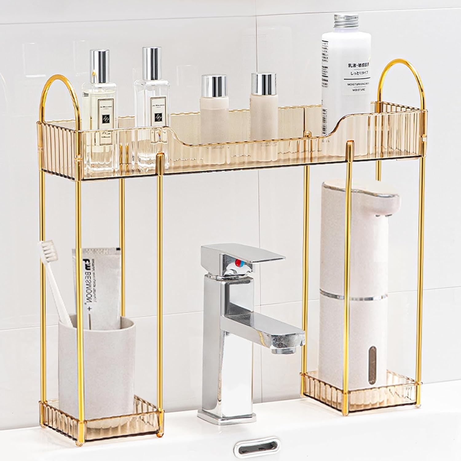 Bathroom Counter Organiser Skincare Makeup Storage,Bathroom Sink Shelf Organise on Faucet for Toiletry Countertop Dresser Toothbrush Holder,Make up Transparent Vanity Tray for Perfume Skincare
