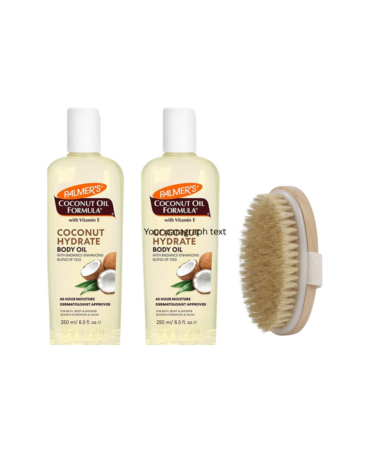 Palmer'S Coconut Oil Body Oil Bundle – 2X Coconut Oil 250Ml for Skin, 1X Dry Body Brush for Exfoliation & Hydration – Moisturizing Body Care by Palmers