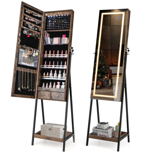 LED Standing Jewelry Mirror Cabinet with 3-Color Lighted Full-Length Mirror