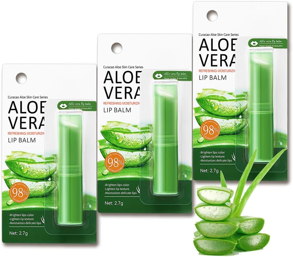 Lip Balm Set, 3 PCS Aloe Vera Lip Balm Day and Night Lip Moisturiser, Lip Care Chapstick, Long-Lasting Moisture to Soothe Dry Chapped Lips, Nourishing & Hydrating Lip Mask for Women Men (Aloe Vera)