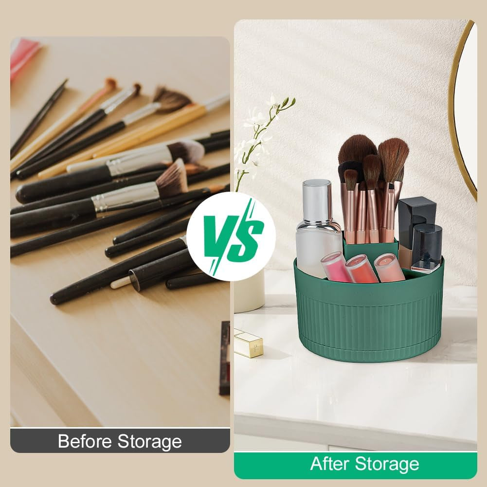 360° Rotating Makeup Brush Organiser, 5-Compartment Dustproof & Waterproof Cosmetic Storage for Bathroom & Dressing Table, Green