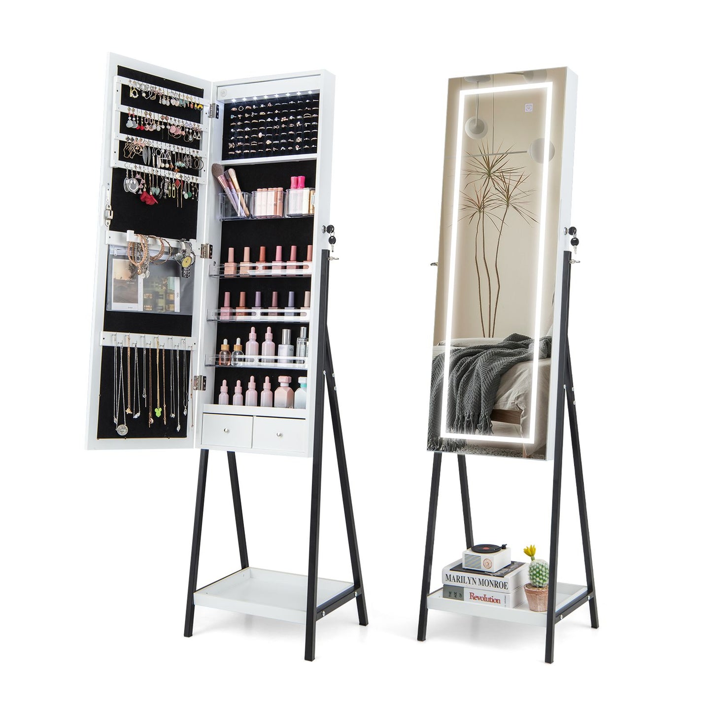 LED Standing Jewelry Mirror Cabinet with 3-Color Lighted Full-Length Mirror