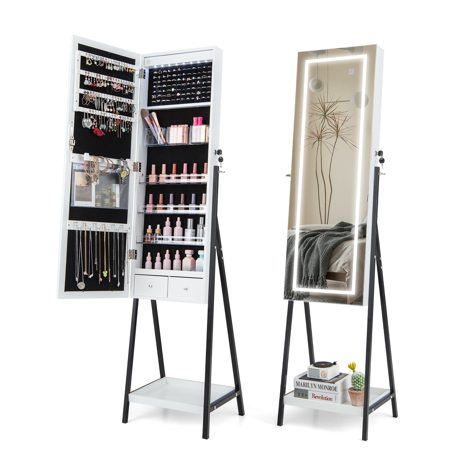 LED Standing Jewelry Mirror Cabinet with 3-Color Lighted Full-Length Mirror