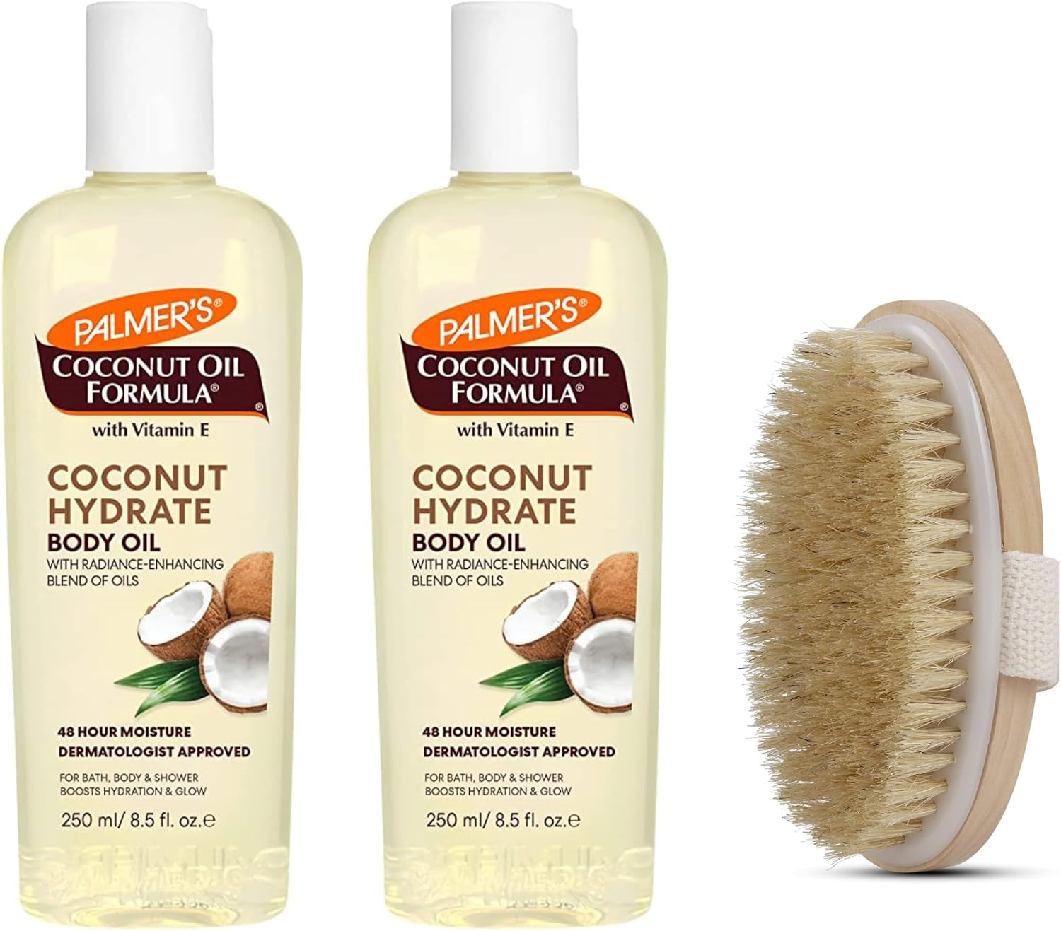 Palmer'S Coconut Oil Body Oil Bundle – 2X Coconut Oil 250Ml for Skin, 1X Dry Body Brush for Exfoliation & Hydration – Moisturizing Body Care by Palmers