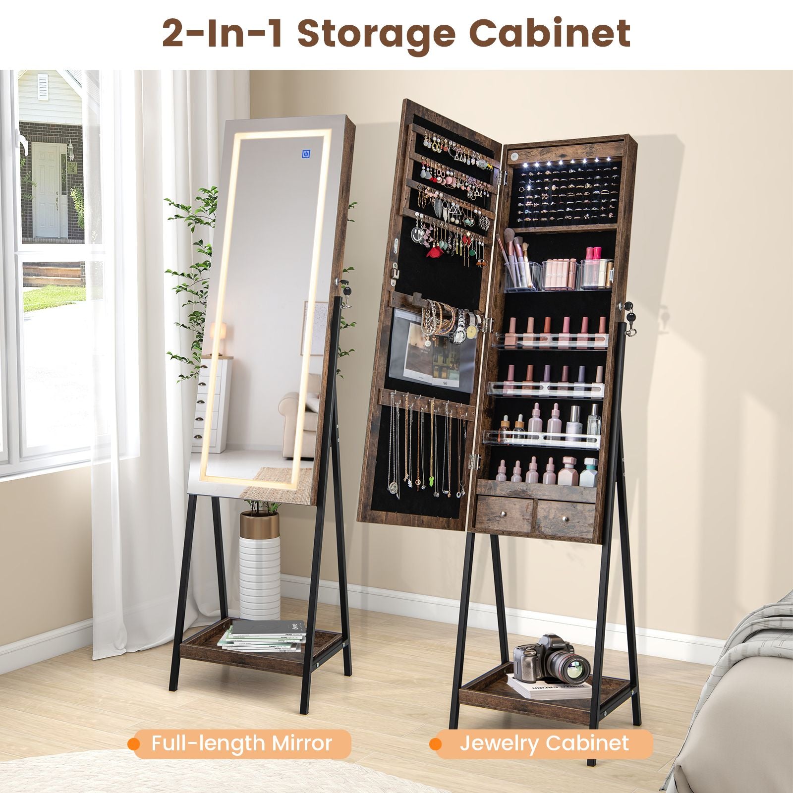 LED Standing Jewelry Mirror Cabinet with 3-Color Lighted Full-Length Mirror