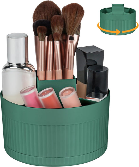 360° Rotating Makeup Brush Organiser, 5-Compartment Dustproof & Waterproof Cosmetic Storage for Bathroom & Dressing Table, Green