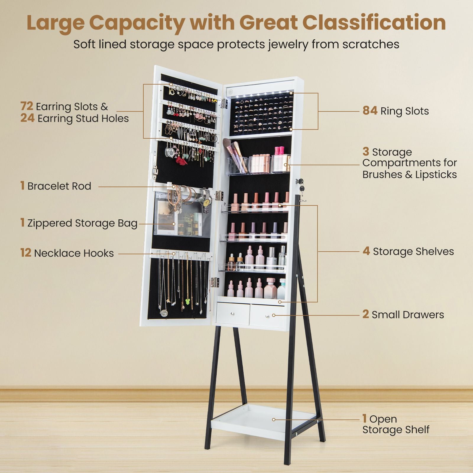 LED Standing Jewelry Mirror Cabinet with 3-Color Lighted Full-Length Mirror