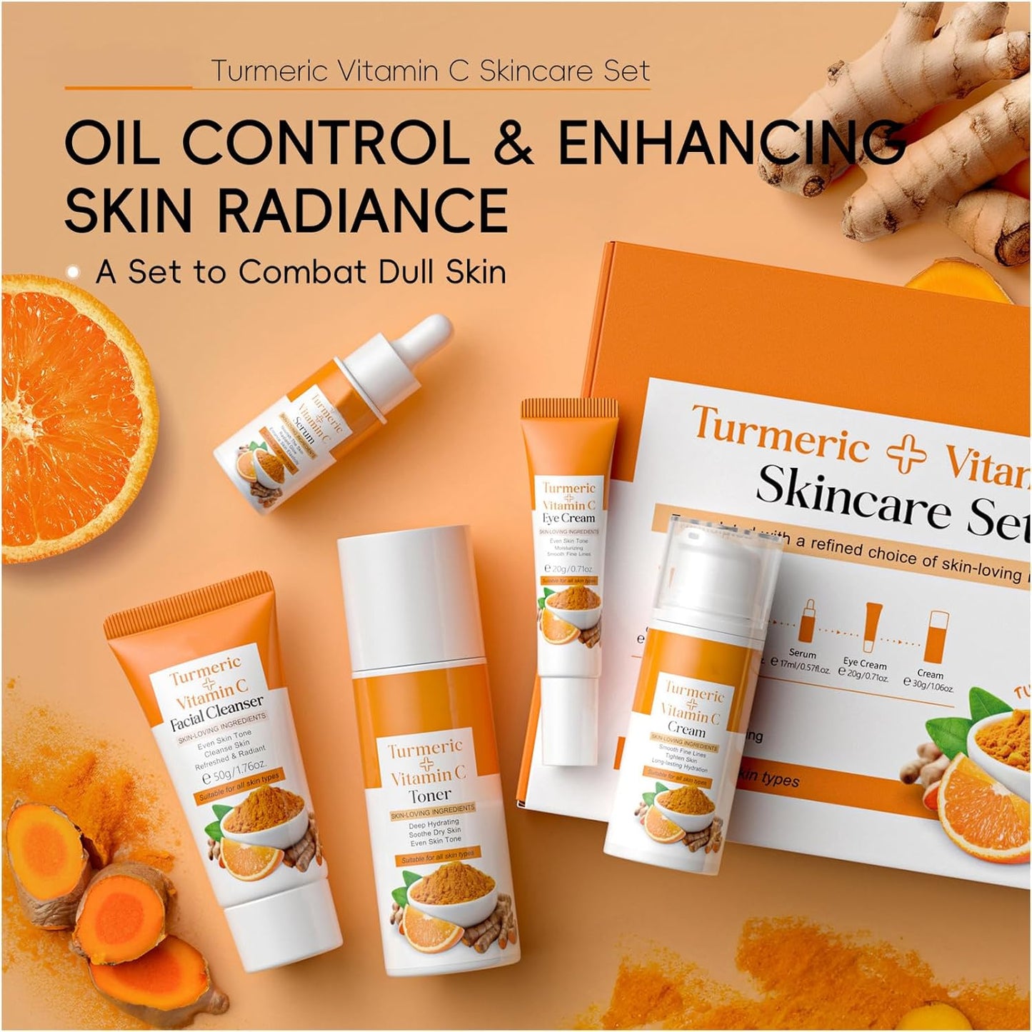 Turmeric Skin Care Sets & Kits - Skincare Set for Teenage Girls - Gifts for Her - Pamper Skincare Set - Women Gift Sets with Face Cleaner-Face Serum-Face Cream-Toner-Eye Cream - 5PCS