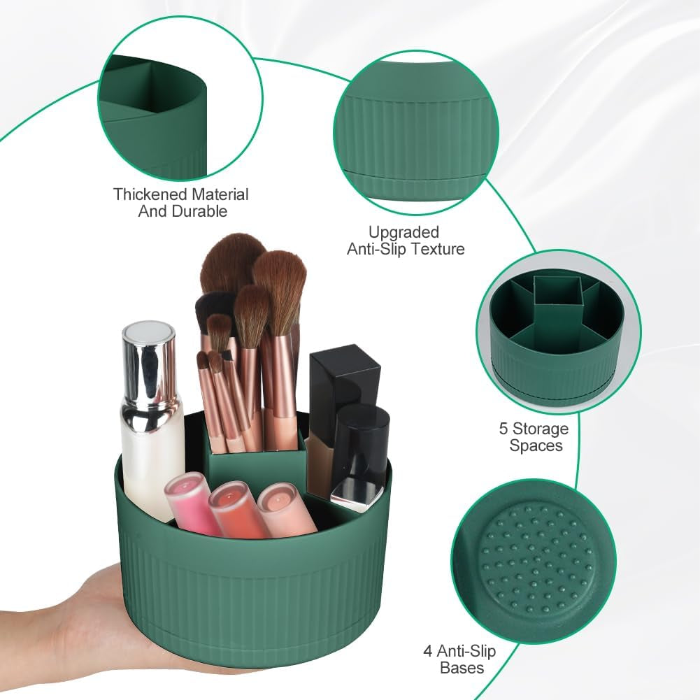 360° Rotating Makeup Brush Organiser, 5-Compartment Dustproof & Waterproof Cosmetic Storage for Bathroom & Dressing Table, Green