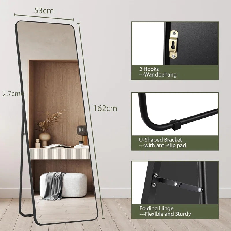 Full Body Mirror 162 X 53 Cm with Metal Frame Stand Standing Mirror Hd Large Wall Mirror with Hooks Full Length Mirror Wall Mirror for Living Room Bedroom Dressing Room Bathroom Hallway Round