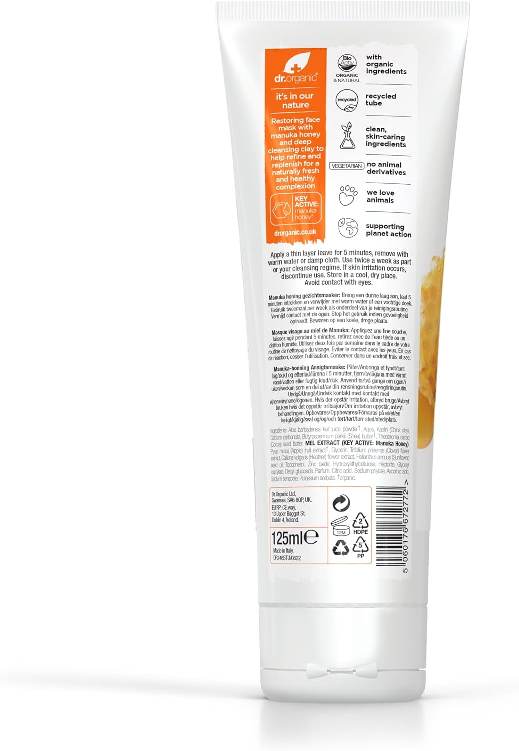 Manuka Honey Face Mask, Nourising, Dry Skin, Mens, Womens, Natural, Vegetarian, Cruelty-Free, Paraben & Sls-Free, Recycled & Recyclable, Organic, 125Ml, Packaging May Vary