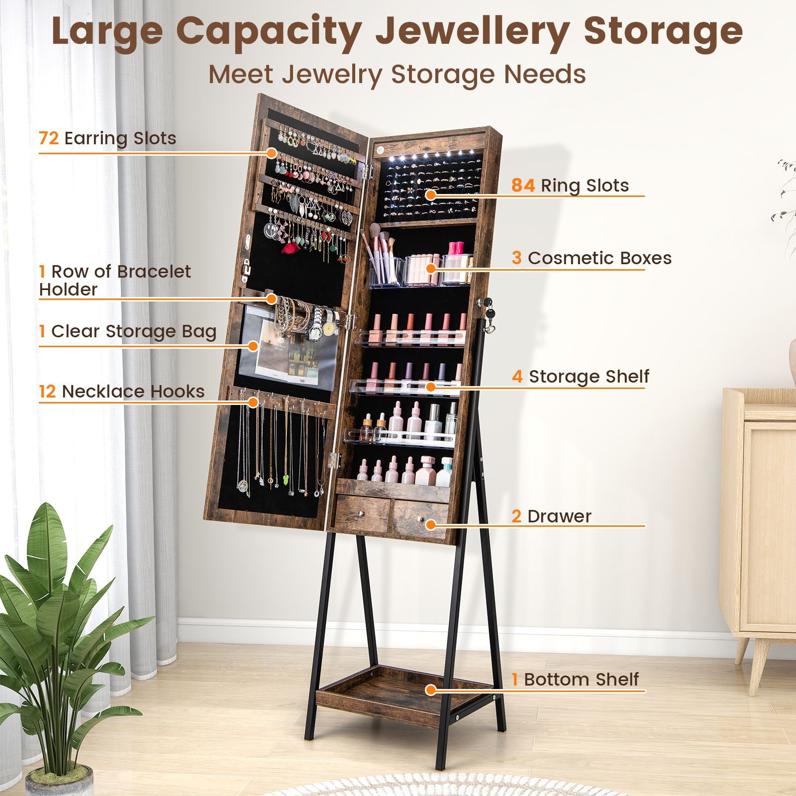 LED Standing Jewelry Mirror Cabinet with 3-Color Lighted Full-Length Mirror