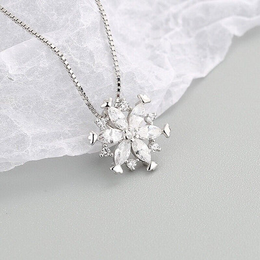 Crystal Snowflake Pendant Necklace 925 Sterling Silver Women Girls Jewellery UK