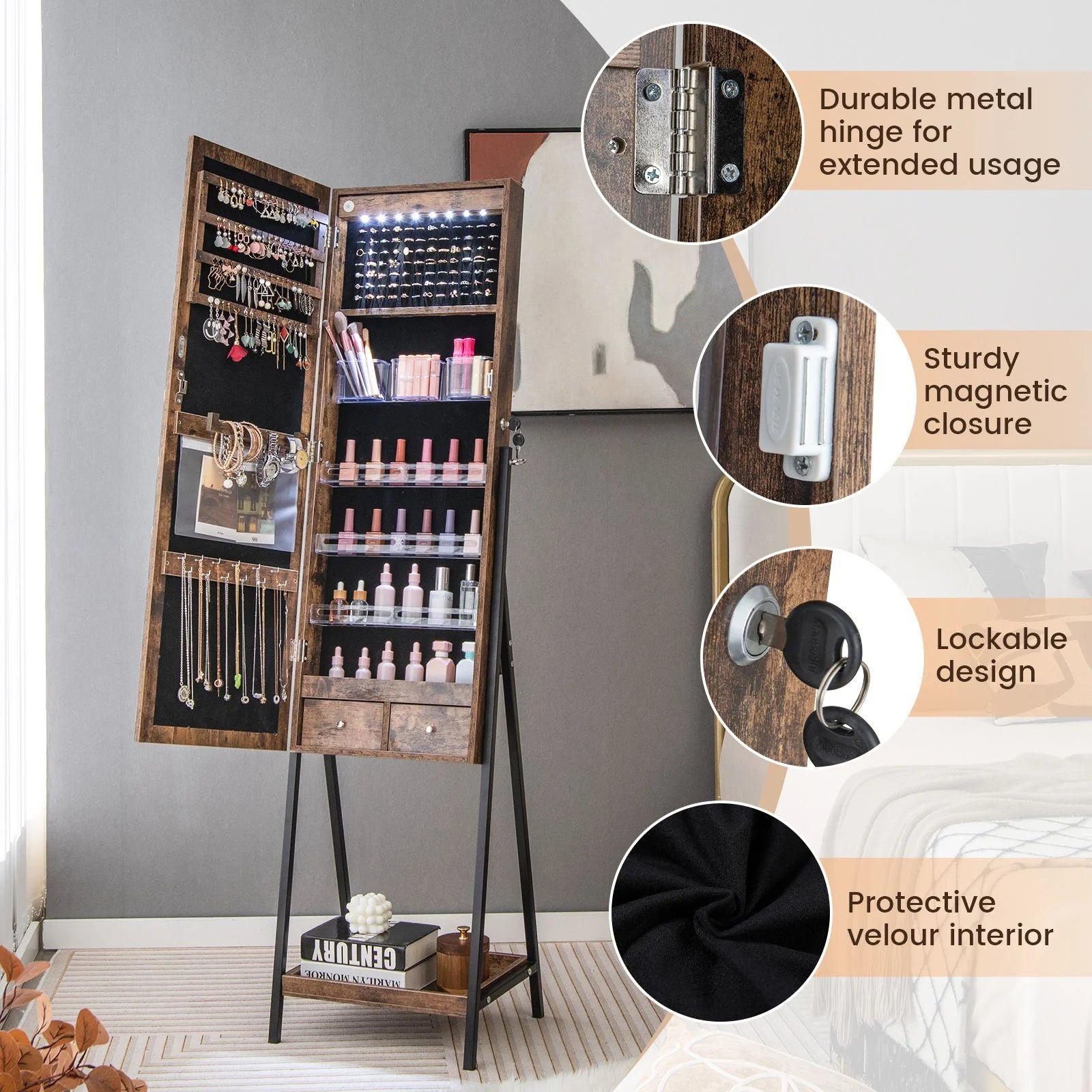 LED Standing Jewelry Mirror Cabinet with 3-Color Lighted Full-Length Mirror