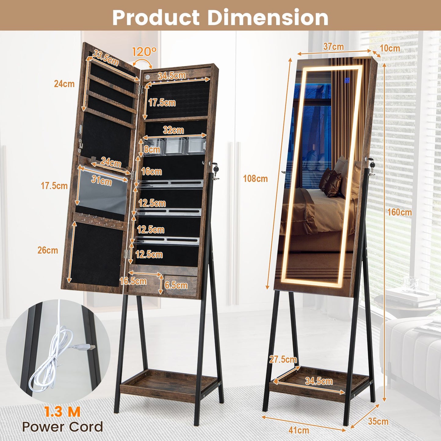 LED Standing Jewelry Mirror Cabinet with 3-Color Lighted Full-Length Mirror
