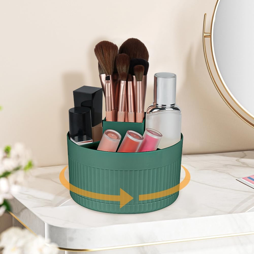 360° Rotating Makeup Brush Organiser, 5-Compartment Dustproof & Waterproof Cosmetic Storage for Bathroom & Dressing Table, Green