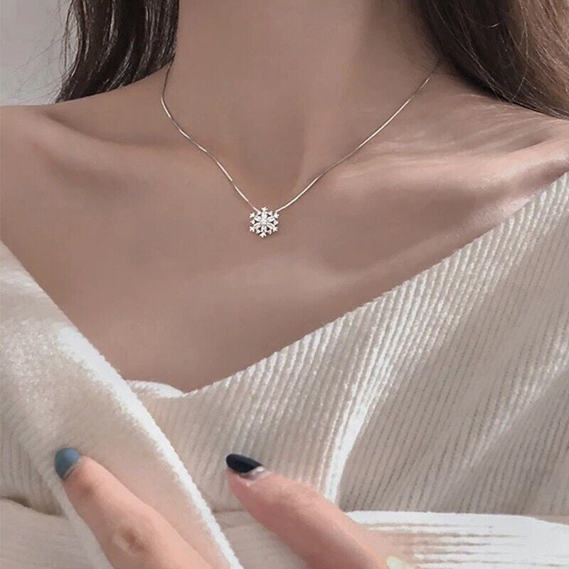 Crystal Snowflake Pendant Necklace 925 Sterling Silver Women Girls Jewellery UK