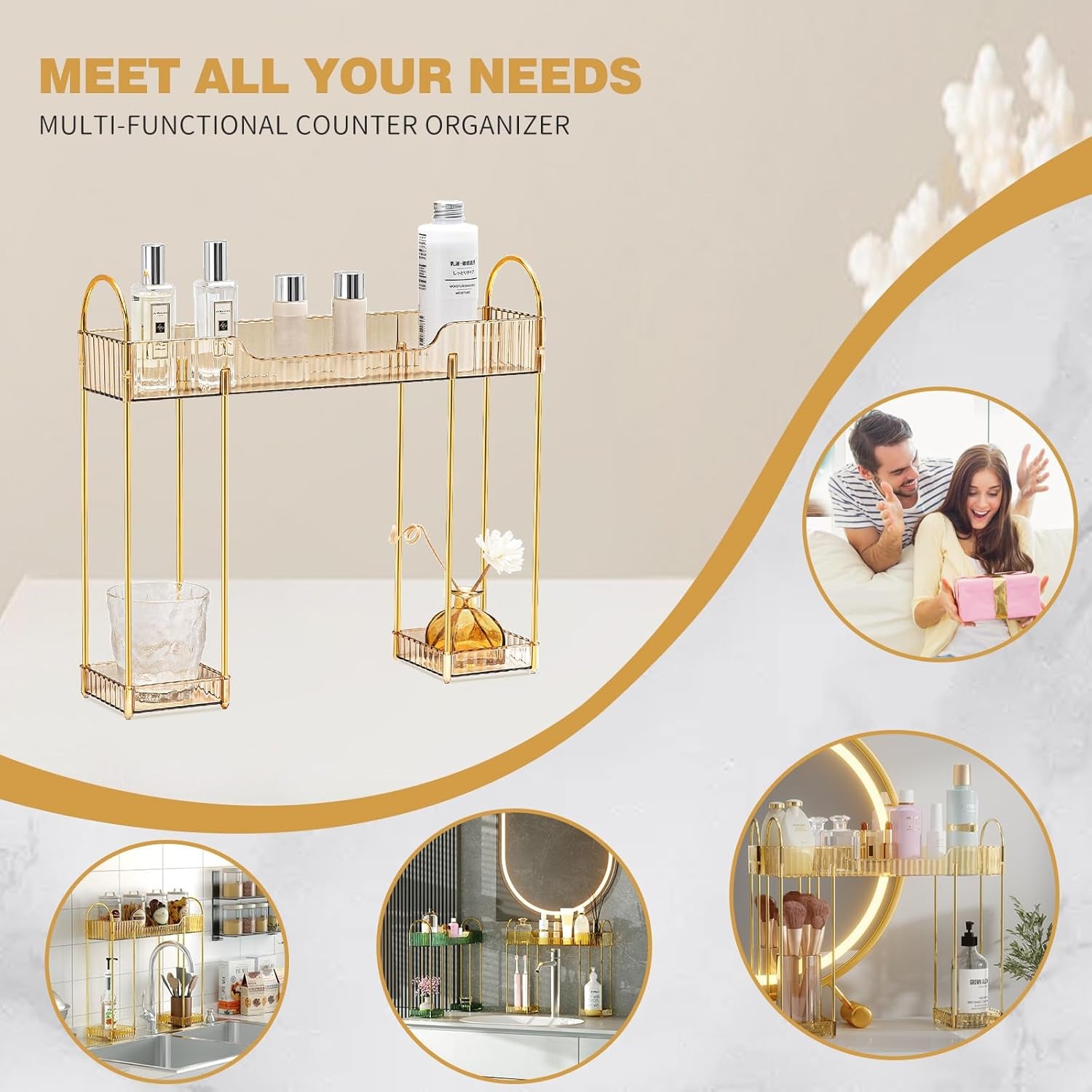 Bathroom Counter Organiser Skincare Makeup Storage,Bathroom Sink Shelf Organise on Faucet for Toiletry Countertop Dresser Toothbrush Holder,Make up Transparent Vanity Tray for Perfume Skincare