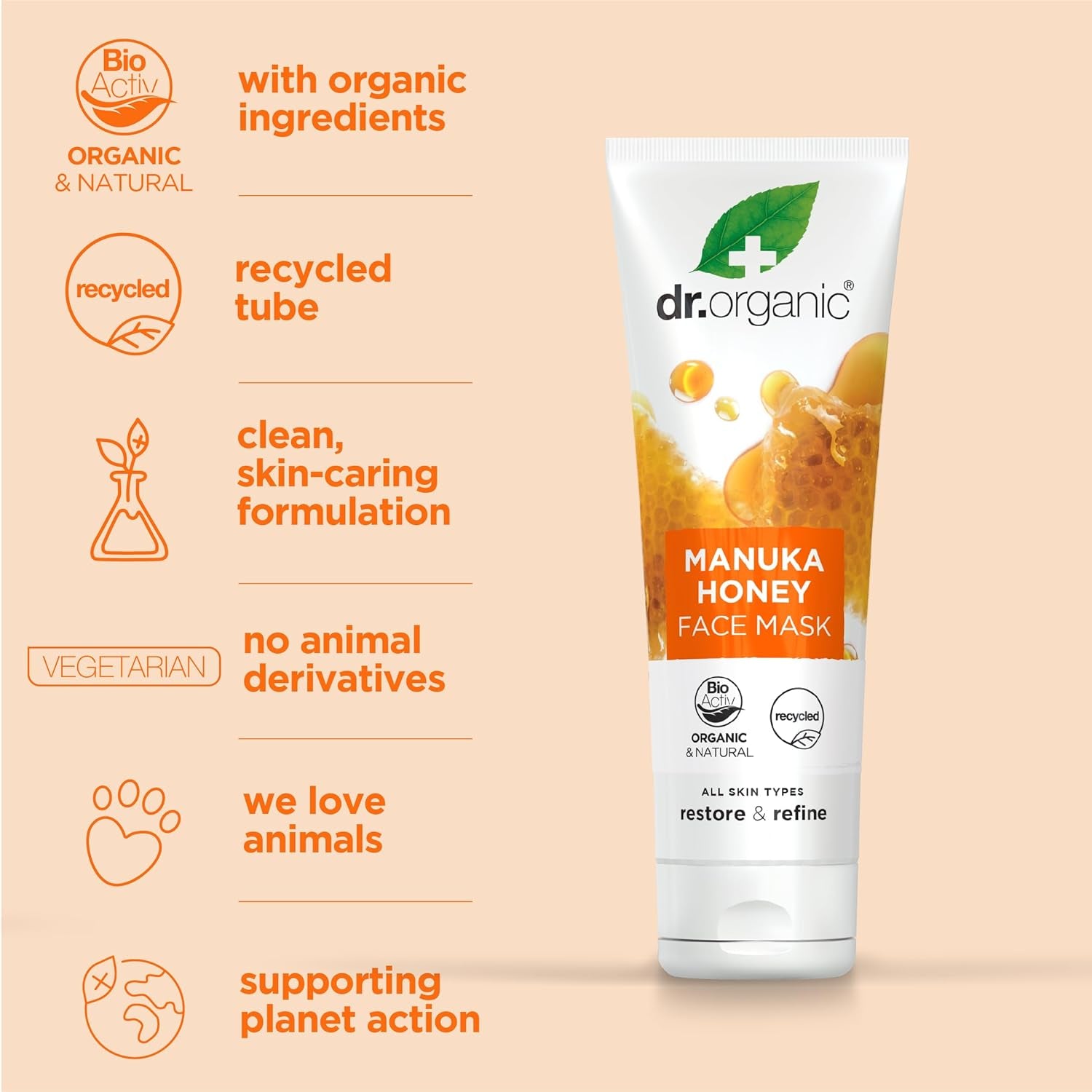 Manuka Honey Face Mask, Nourising, Dry Skin, Mens, Womens, Natural, Vegetarian, Cruelty-Free, Paraben & Sls-Free, Recycled & Recyclable, Organic, 125Ml, Packaging May Vary