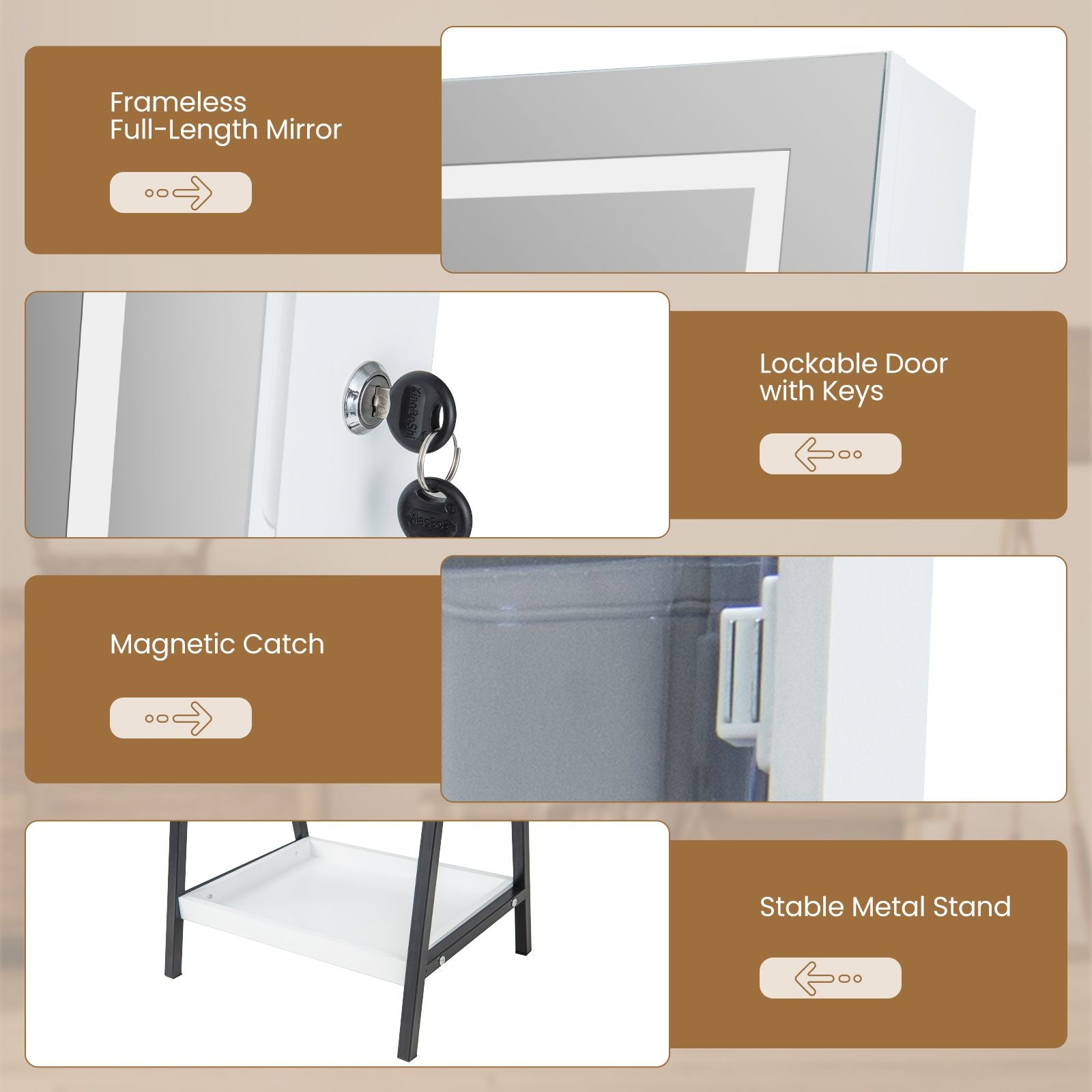 LED Standing Jewelry Mirror Cabinet with 3-Color Lighted Full-Length Mirror