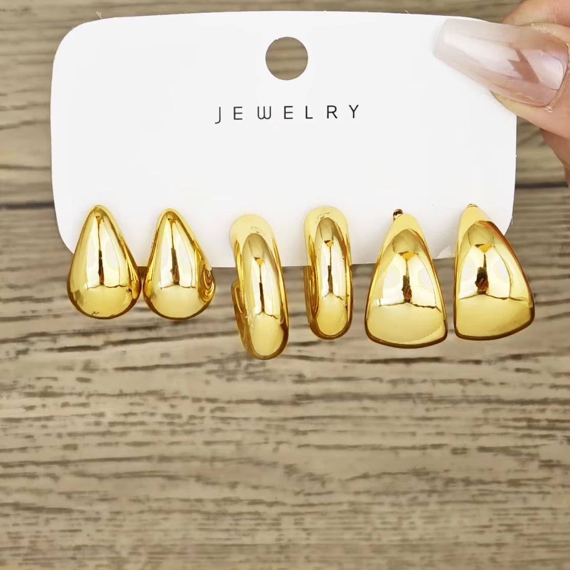 6Pcs Chunky Gold Plated Waterdrop Hoop Earring Set for Women European and American Minimalist Smooth Circle Drop Earring Jewelry