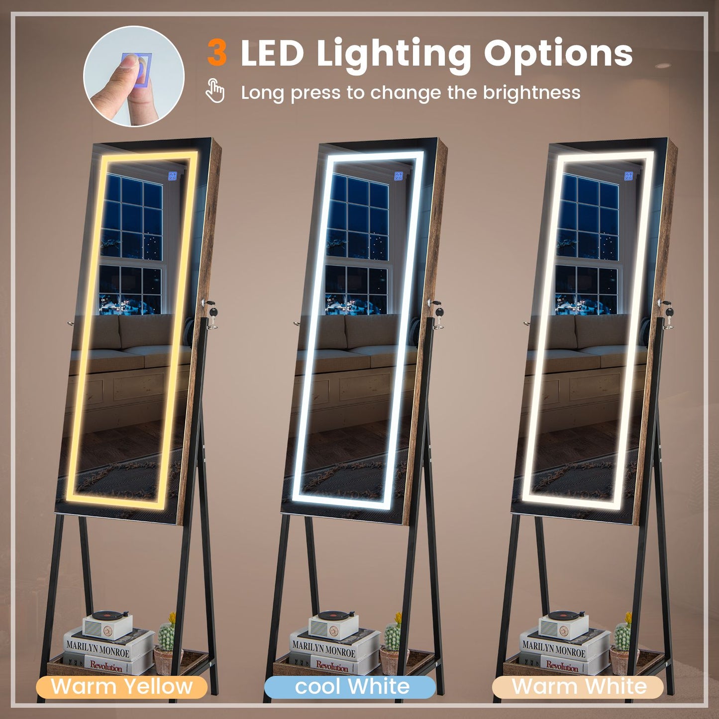 LED Standing Jewelry Mirror Cabinet with 3-Color Lighted Full-Length Mirror