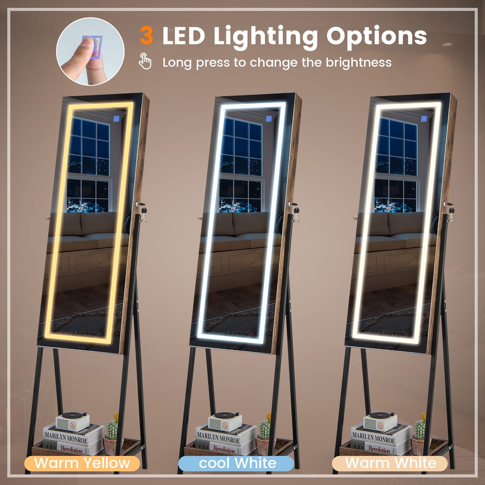 LED Standing Jewelry Mirror Cabinet with 3-Color Lighted Full-Length Mirror