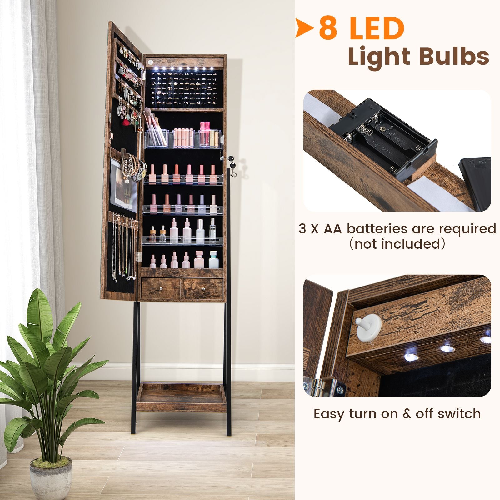 LED Standing Jewelry Mirror Cabinet with 3-Color Lighted Full-Length Mirror