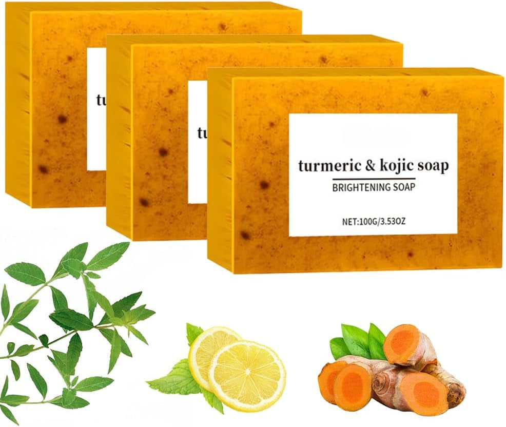 3Pcs Kojic Acid & Turmeric Soap, Kojic Acid Soap, Natural Lemon Brightening Soap Bar, Tumeric Soaps, Acne, Dark Spots, Hyperpigmentation & Smooth Skin, Deep Cleansing, Refreshing