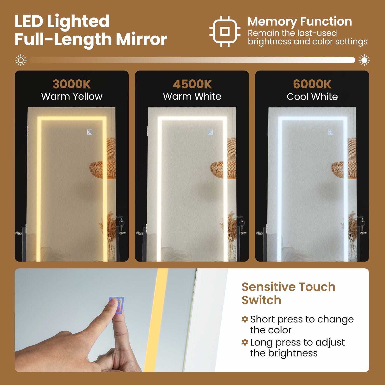 LED Standing Jewelry Mirror Cabinet with 3-Color Lighted Full-Length Mirror