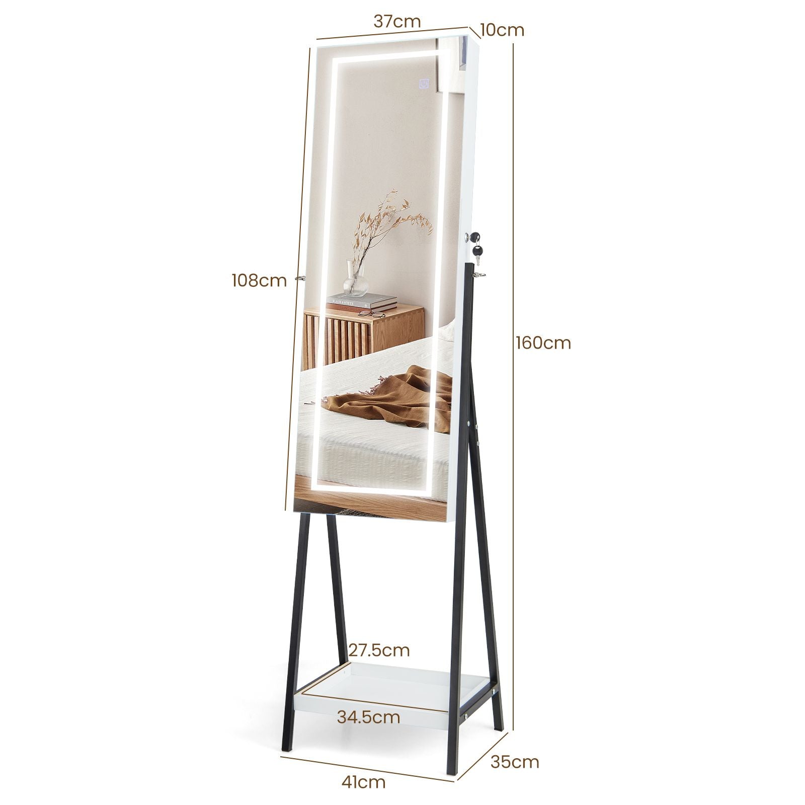 LED Standing Jewelry Mirror Cabinet with 3-Color Lighted Full-Length Mirror